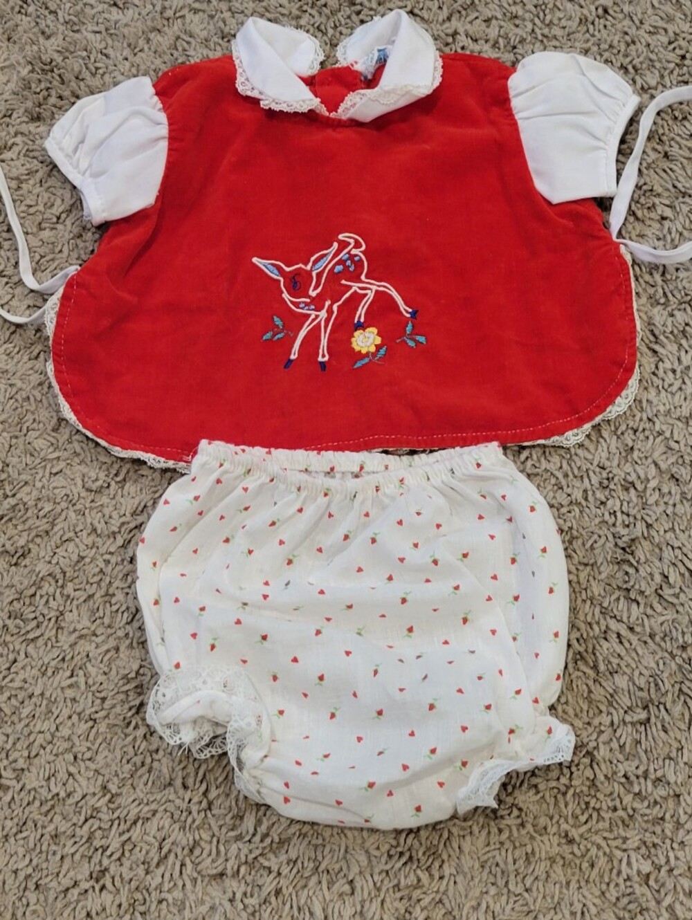 Kids Red Deer Embroidered Dress Set with White Bloomers